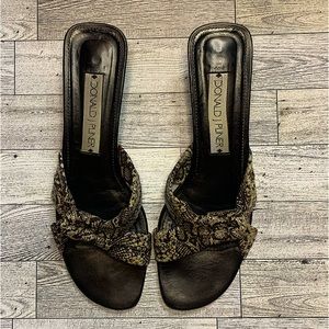 Donald J Pliner  
Snake Skin Patterned Low Open Toe Heels